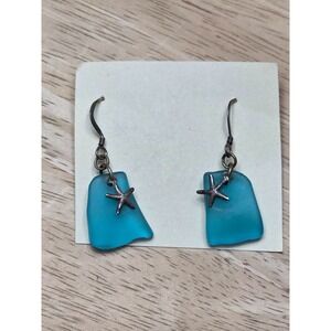 925 Sterling Silver Blue Sea Glass Starfish Dangle‎ Earrings Beach Coastal Ocean
